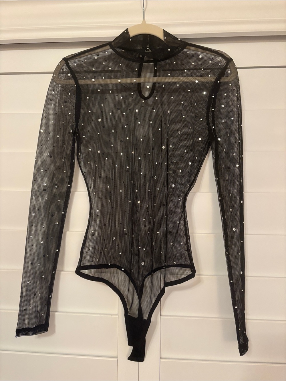 Sheer Rhinestone Long-Sleeve Bodysuit - Black